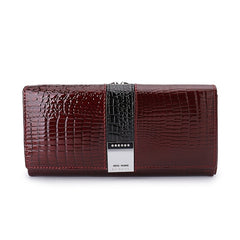 Red Leather Long Wallet for Women Crocodile Texture Bifold