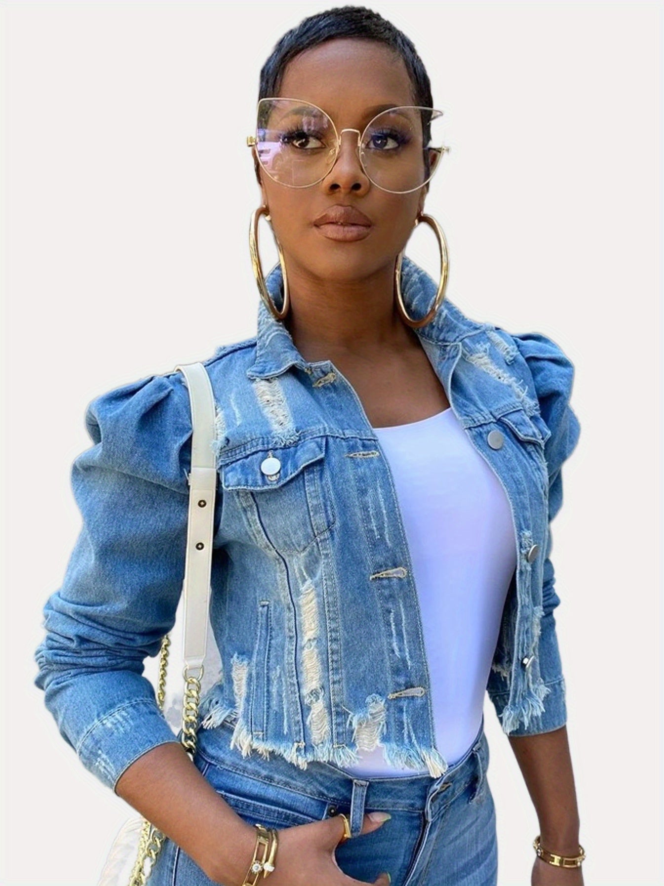 Long Puff Sleeve Denim Jacket Cropped Coats