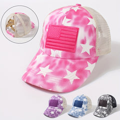 Star Print Ponytail Trucker Hat Flag Embroidery Independence Baseball Cap