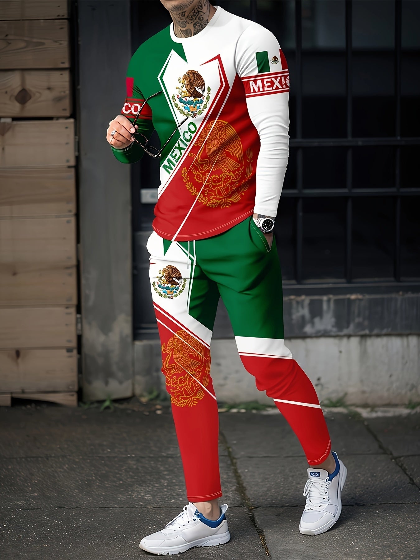 Mexico Eagle Pattern Men's 2 Piece Outfits Long Sleeve T-shirt & Sweatpants Set
