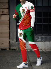 Mexico Eagle Pattern Men's 2 Piece Outfits Long Sleeve T-shirt & Sweatpants Set