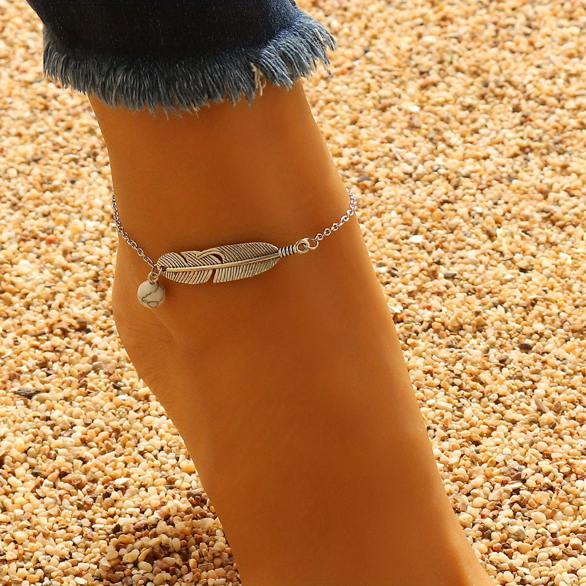 Leaf Shape Ankle Bracelet Stone Pendant Chain for Summer Beach Jewelry