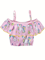 Girls Unicorn Bikini Set Off Shoulder Strappy Bikini Top Skirt Swimwear