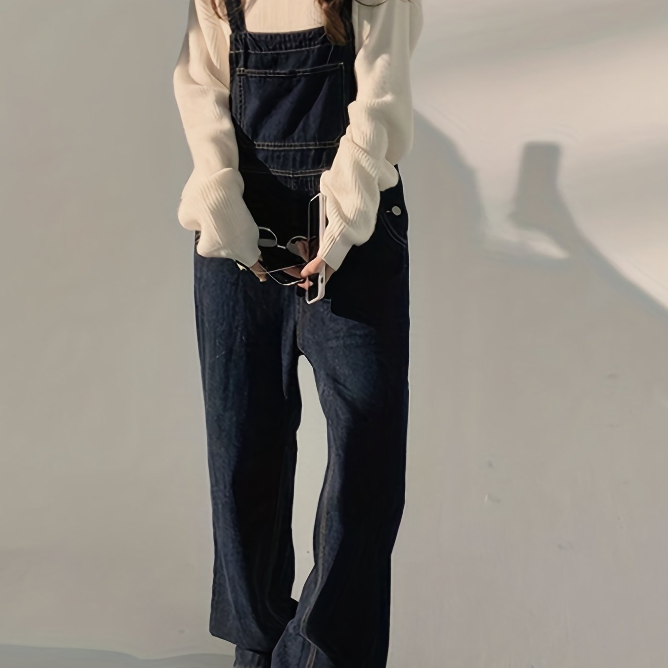 Dark Loose Fit Denim Jumpsuit Non Stretch Slash Pockets Casual Denim Overalls