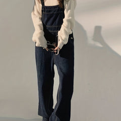 Dark Loose Fit Denim Jumpsuit Non Stretch Slash Pockets Casual Denim Overalls