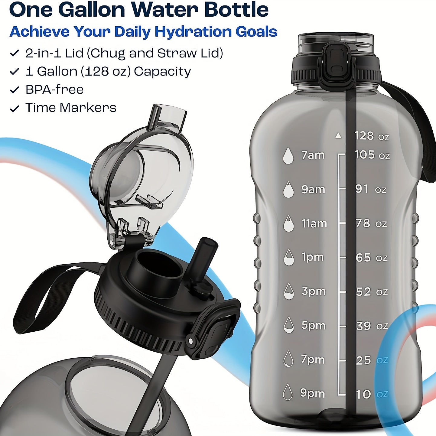 3.8L Water Bottle with Time Marker & Lid - Leakproof, Straw, Gym, Fitness, Outdo