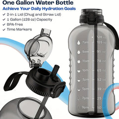 3.8L Water Bottle with Time Marker & Lid - Leakproof, Straw, Gym, Fitness, Outdo