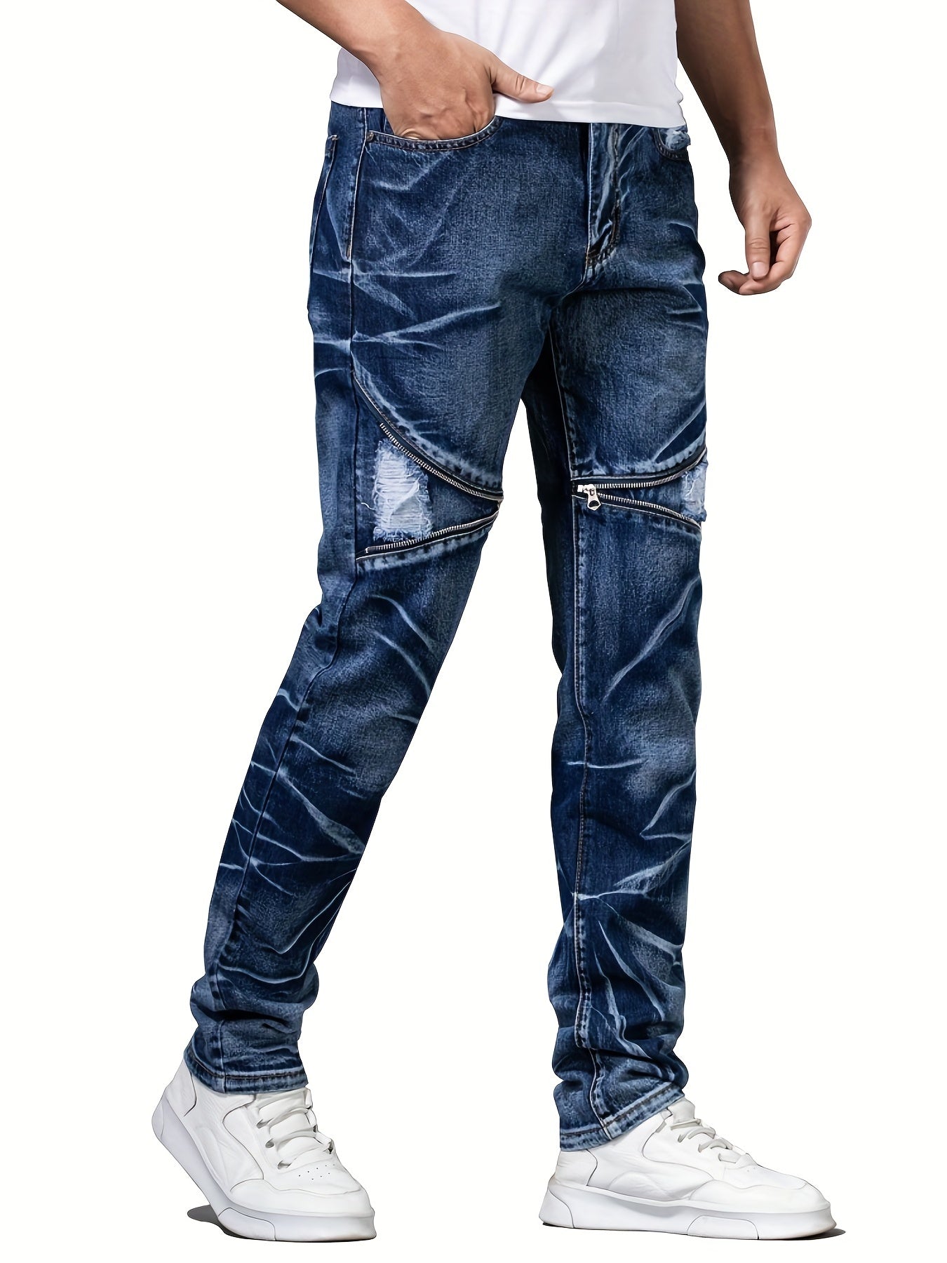 Men's Zipper Tie Dye Ripped Jeans Casual Street Style Denim Pants