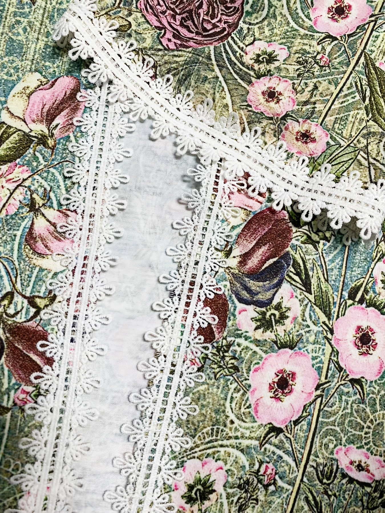 Floral Print Lace Trim Cardigan