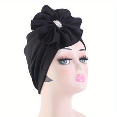Rhinestone Bow Decor Turban Cap Solid Pleated Hijab Head Wrap