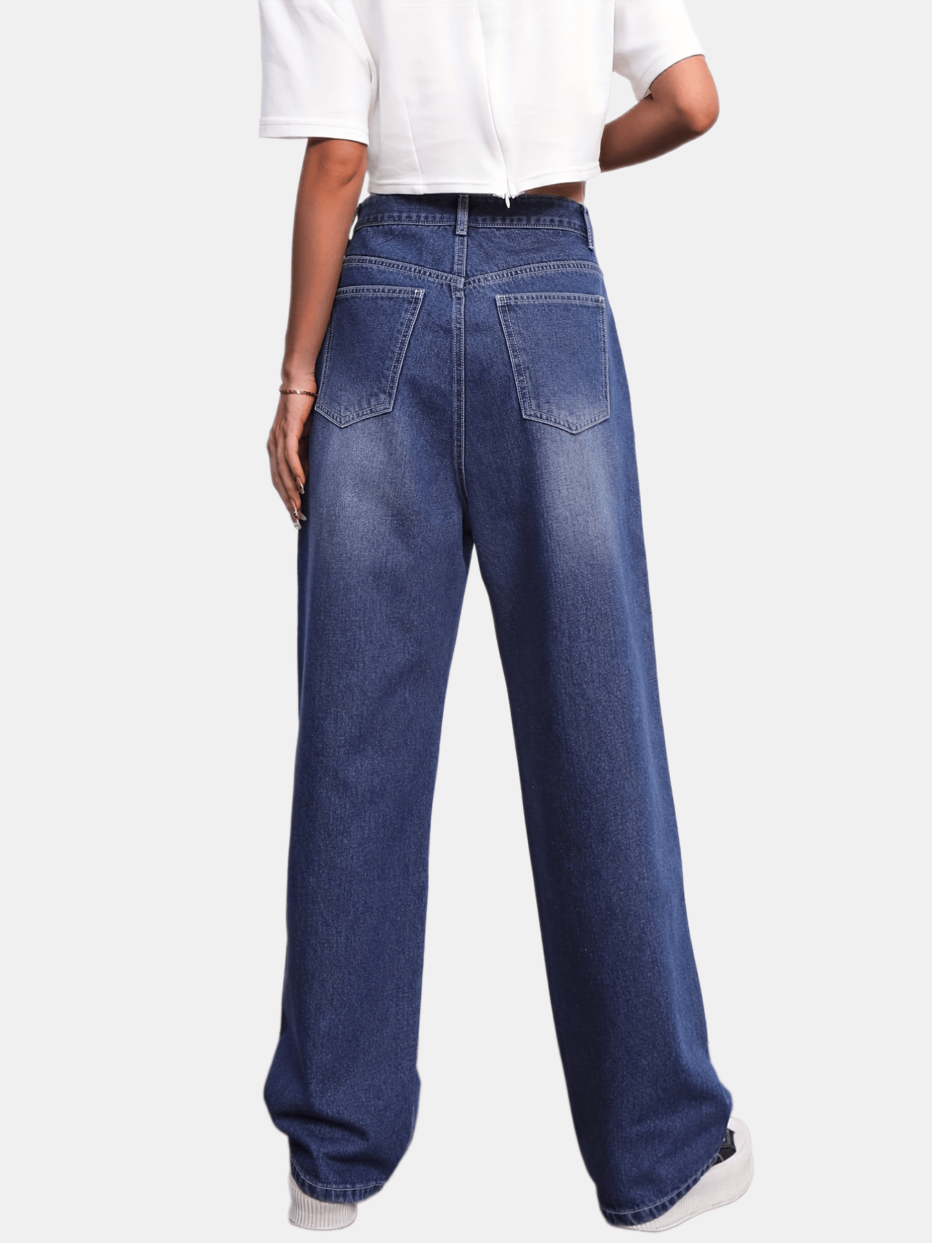 Button Fly Whiskering Straight Leg Jeans High Waist Casual Denim Pants