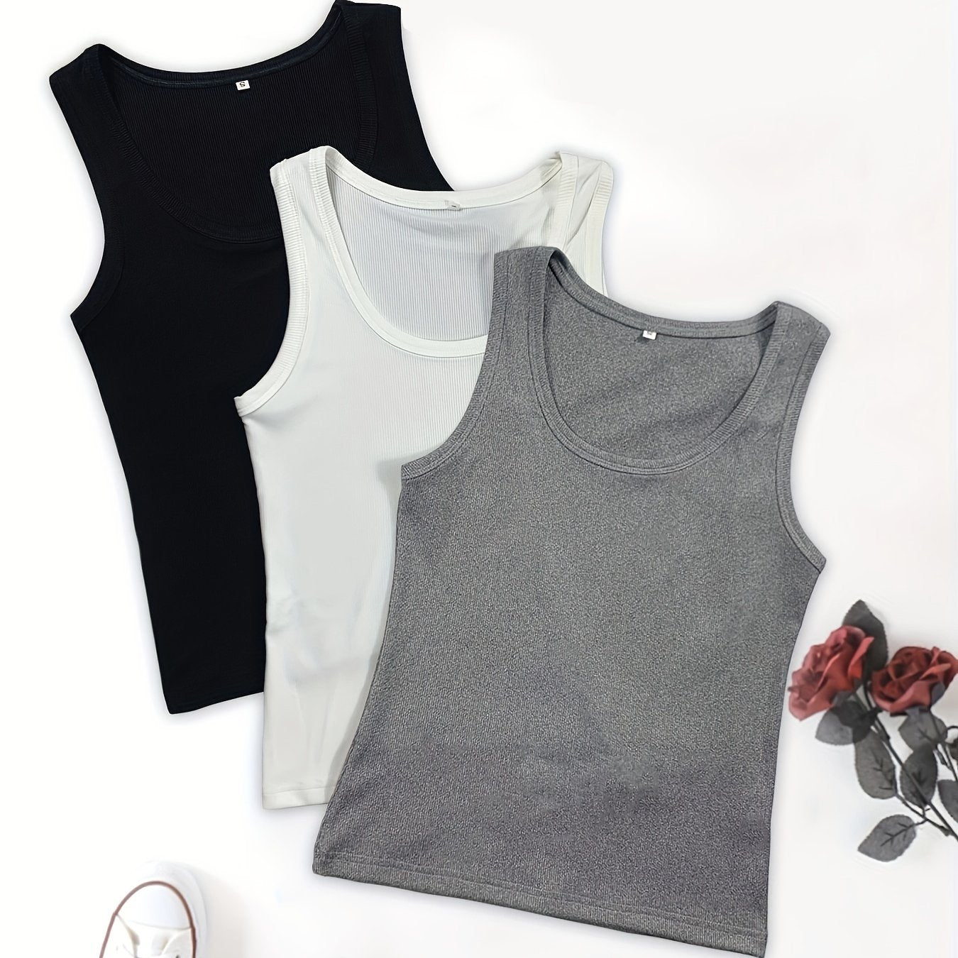 Solid Crew Neck Tank Top 3 Pack Women's Sleeveless Tank Top