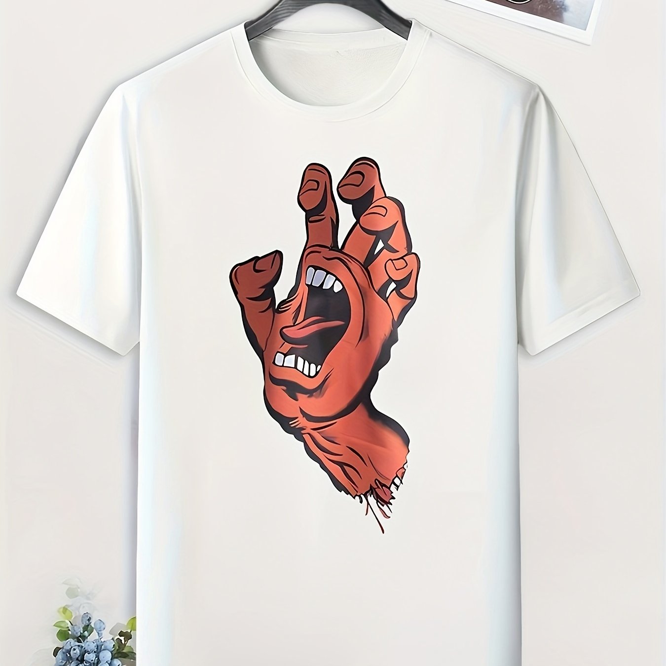 Men's Cartoon Hand Print T-Shirt Casual Comfy Crew Neck Tee