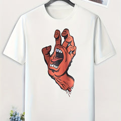Men's Cartoon Hand Print T-Shirt Casual Comfy Crew Neck Tee