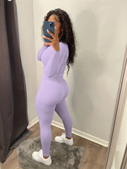 2pcs Ribbed Yoga Sets Long Sleeve Pullover & Leggings