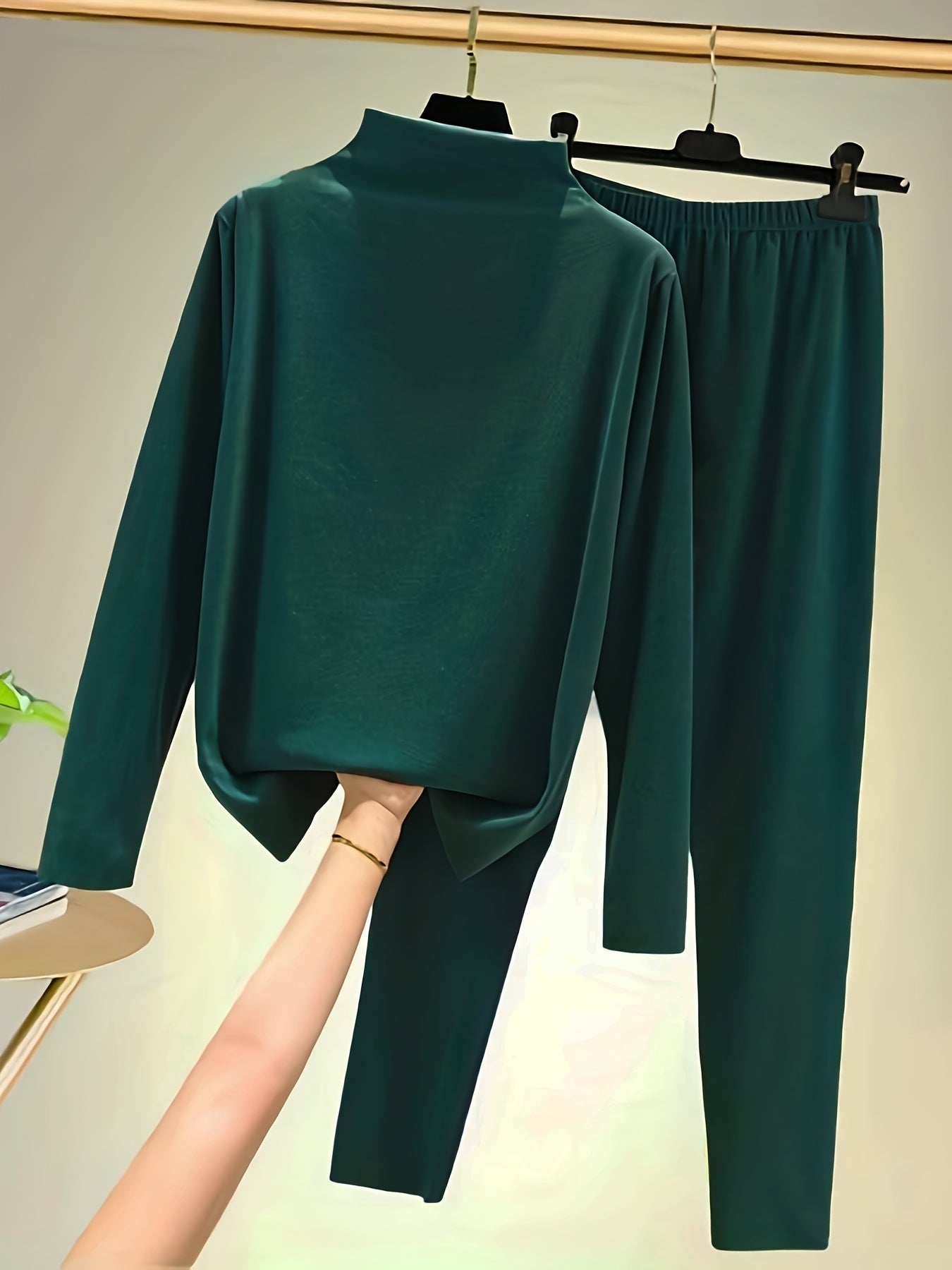 Mock Neck Long Sleeve Top & Wide Leg Pants Set Women's Clothing