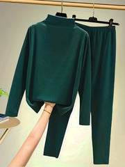 Mock Neck Long Sleeve Top & Wide Leg Pants Set Women's Clothing