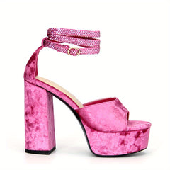 Velvet Platform Sandals Rhinestone Ankle Strap Block Heels