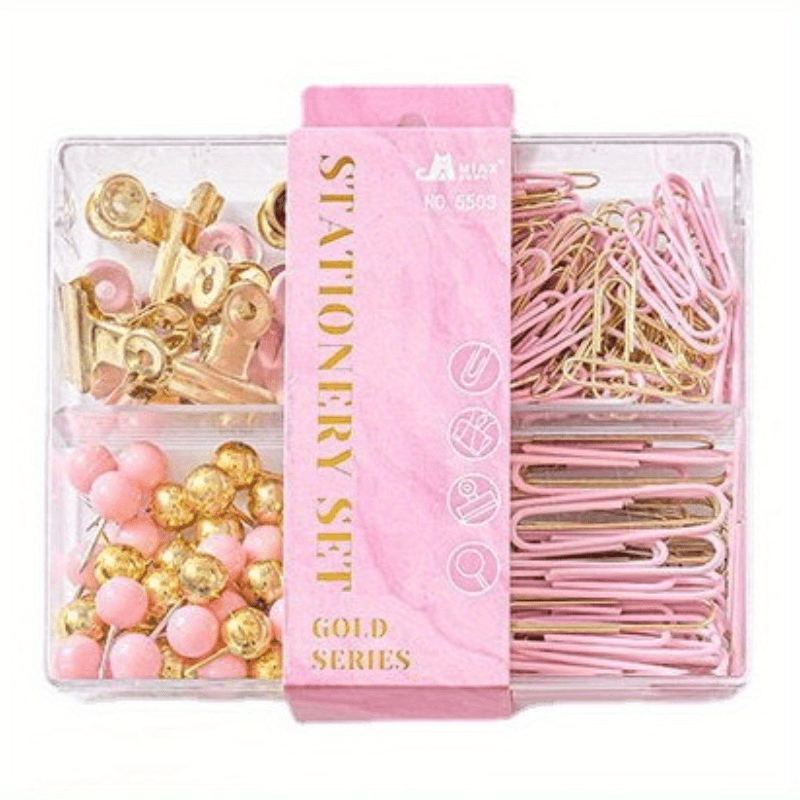 Golden Pu Stationery Set: 10 Macaron Clips, 50 Earth Nails, 100 Pins