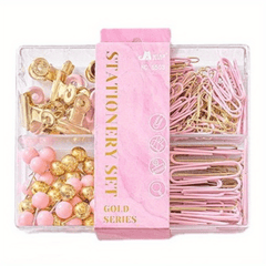 Golden Pu Stationery Set: 10 Macaron Clips, 50 Earth Nails, 100 Pins