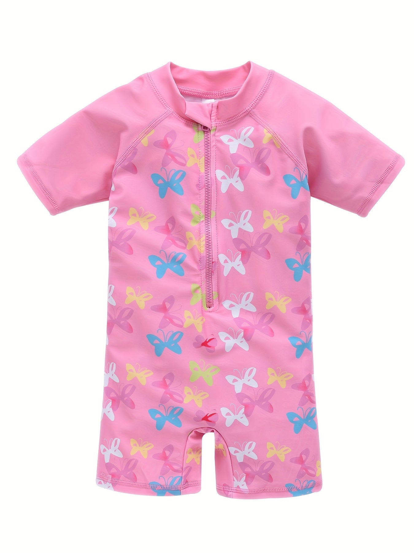 One Piece Girls Butterfly Swimsuit, Short Sleeves, Zipper