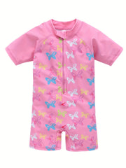 One Piece Girls Butterfly Swimsuit, Short Sleeves, Zipper