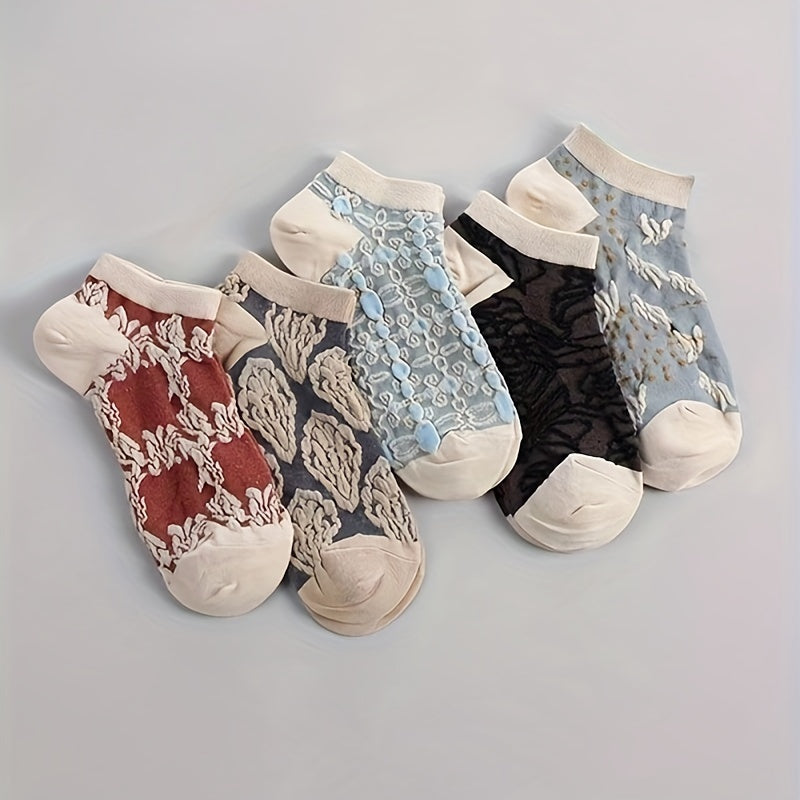 5 Pairs Floral Print Ankle Socks Women's Stockings