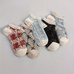 5 Pairs Floral Print Ankle Socks Women's Stockings