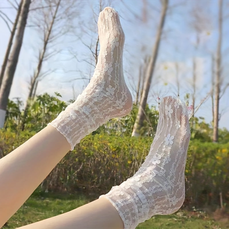 Floral Mesh Socks - Women's Mid Tube Stockings & Hosiery