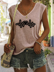 Heart Print V Neck Tank Top Women's Summer Sleeveless Casual Top