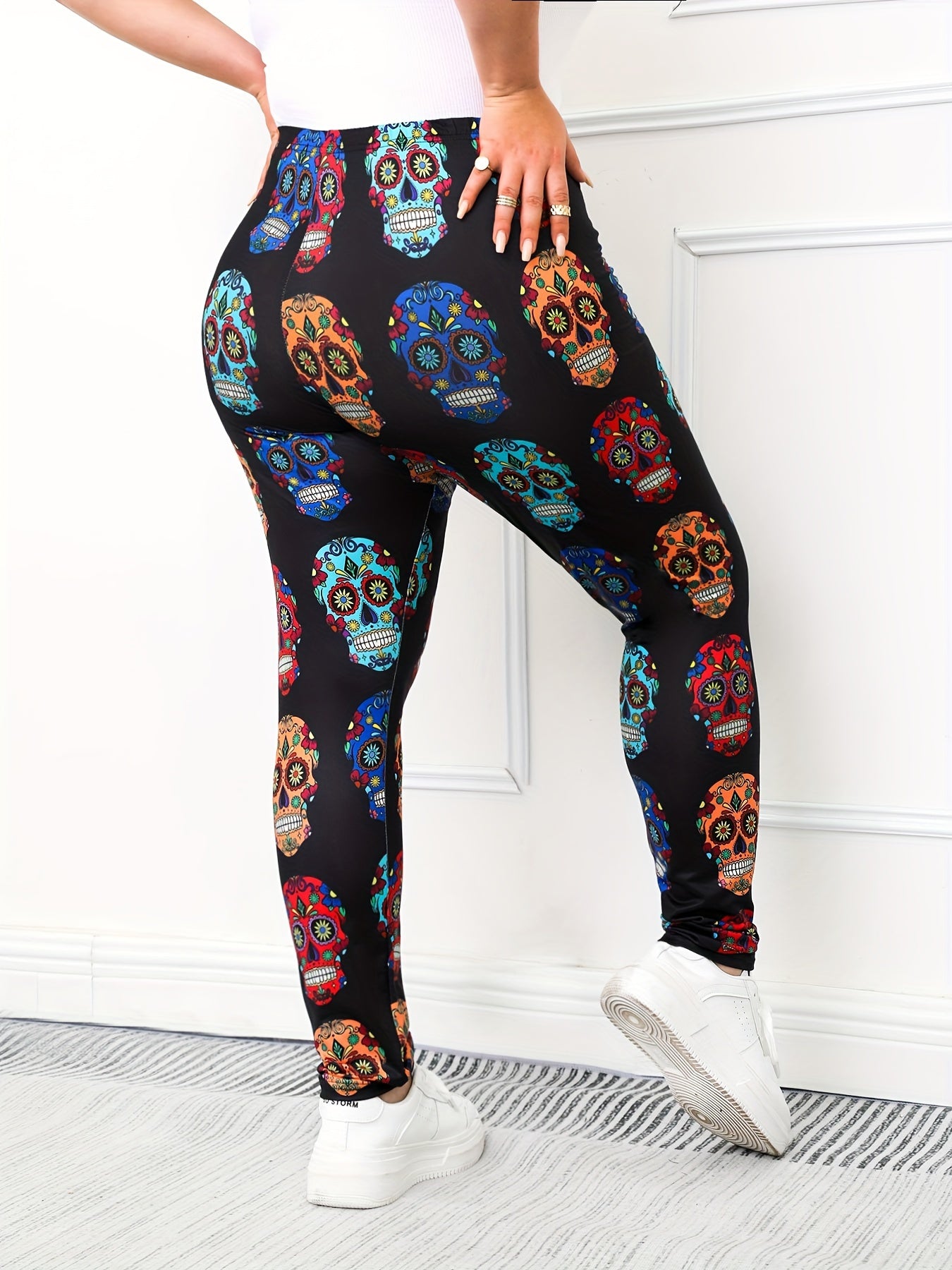 Floral Skull Print Leggings Stretch Skinny Yoga Pants