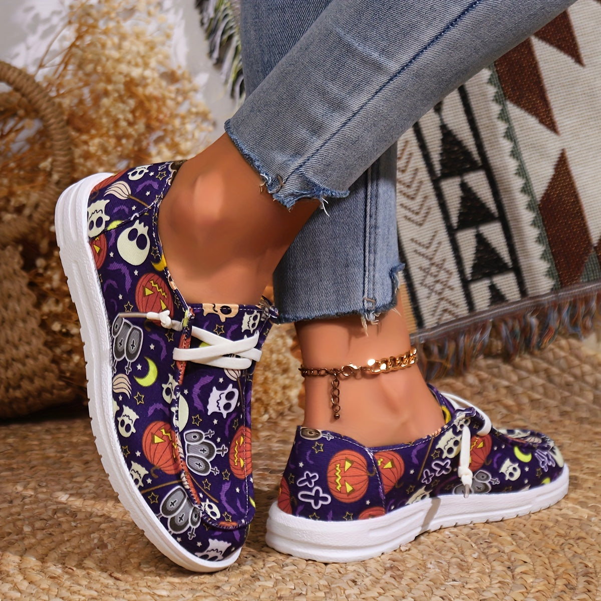 Halloween Pumpkin Print Slip On Sneakers Soft Comfortable Shoes