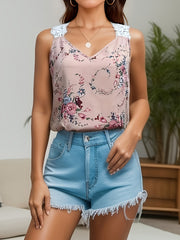 Floral Print Lace Strap Tank Top V neck Sleeveless Tank Top