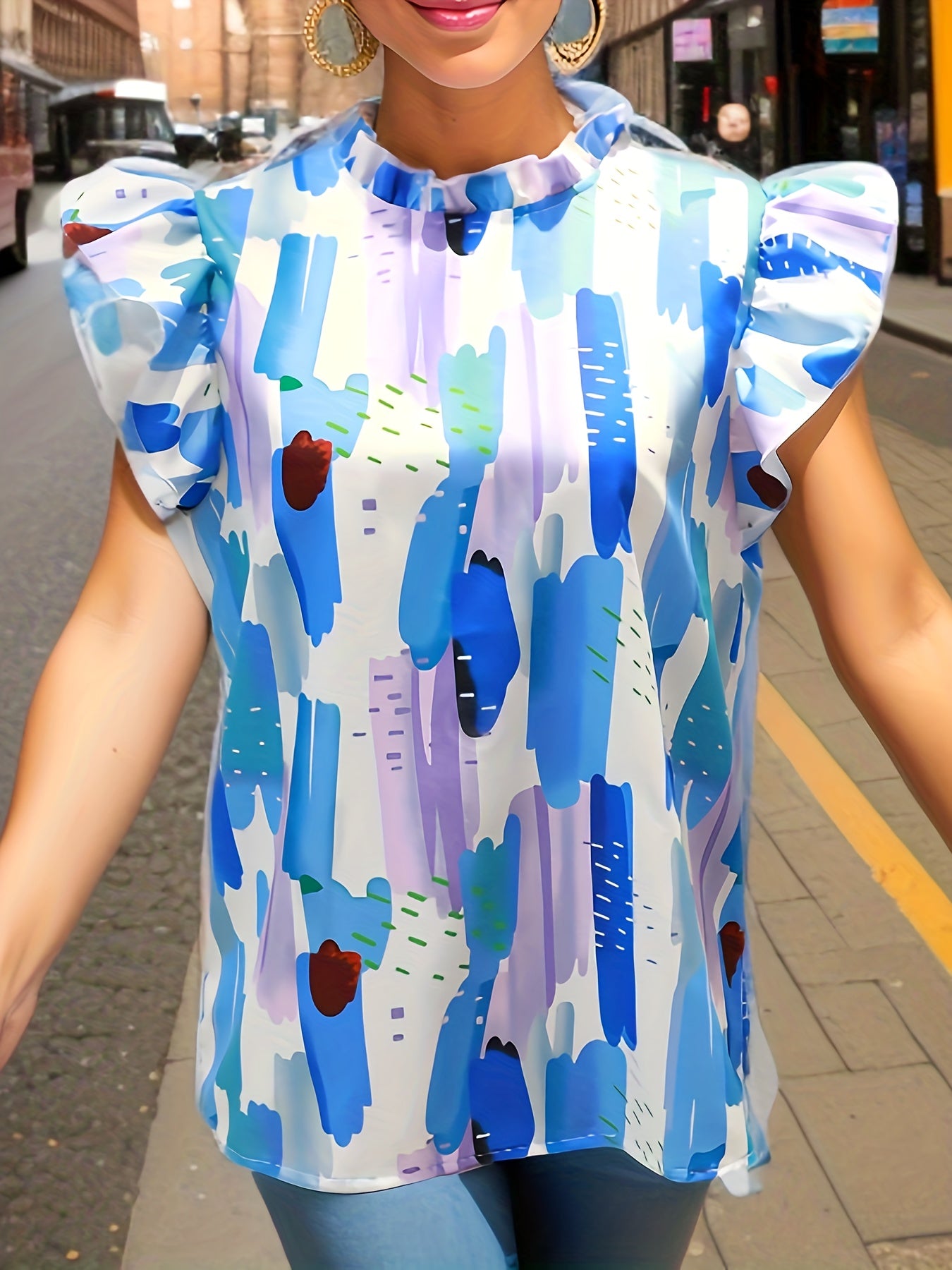 Printed Ruffle Trim Top Stand Collar Cap Sleeve Casual