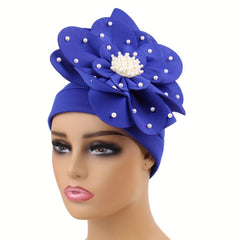 French Turban Cap Faux Pearl Decor Plate Flower Head Wrap