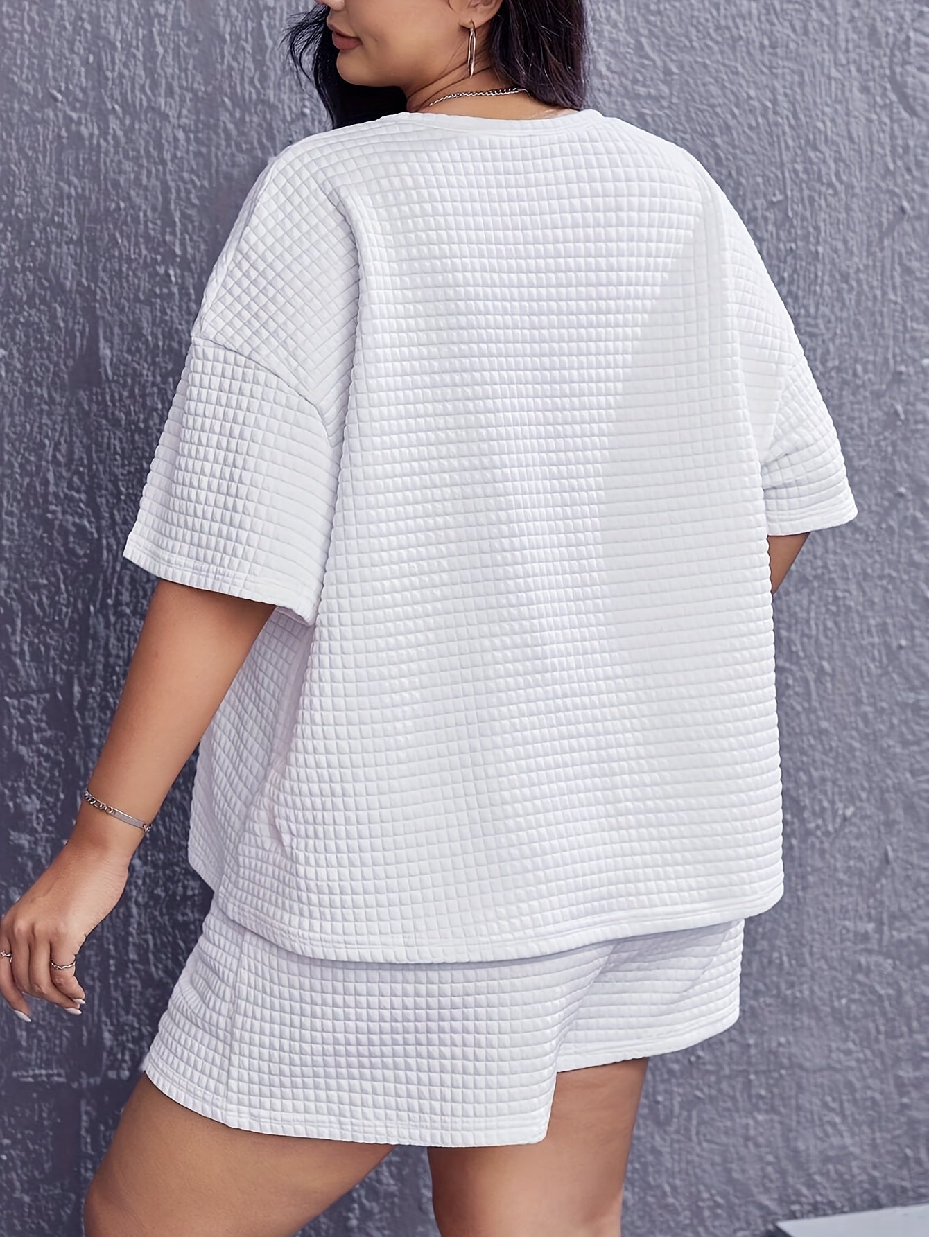 Letter Patched Waffle Knit Crew Neck Top & Shorts Pajamas Set