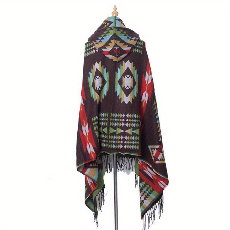 Boho Hoodie Tassel Shawl Geometric Pattern Scarf