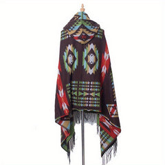 Boho Hoodie Tassel Shawl Geometric Pattern Scarf