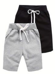 2pcs Boys Solid Elastic Waist Shorts Quick Drying Drawstring Beach Outdoor