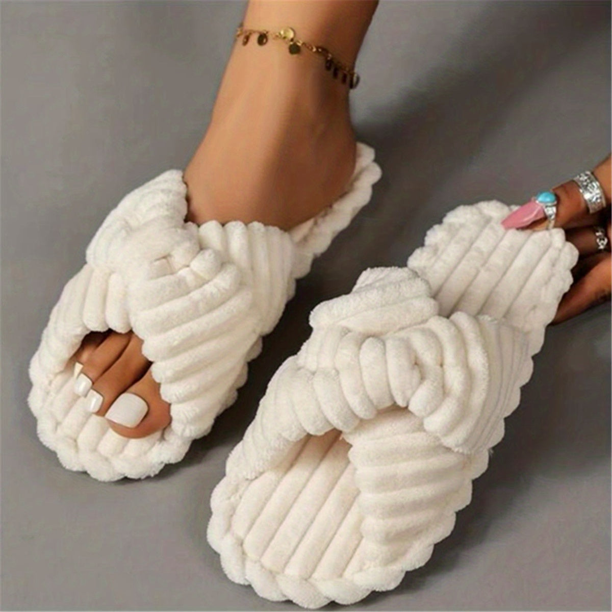 Women's Solid Home Slippers Open Toe Cross Strap Bedroom Shoes