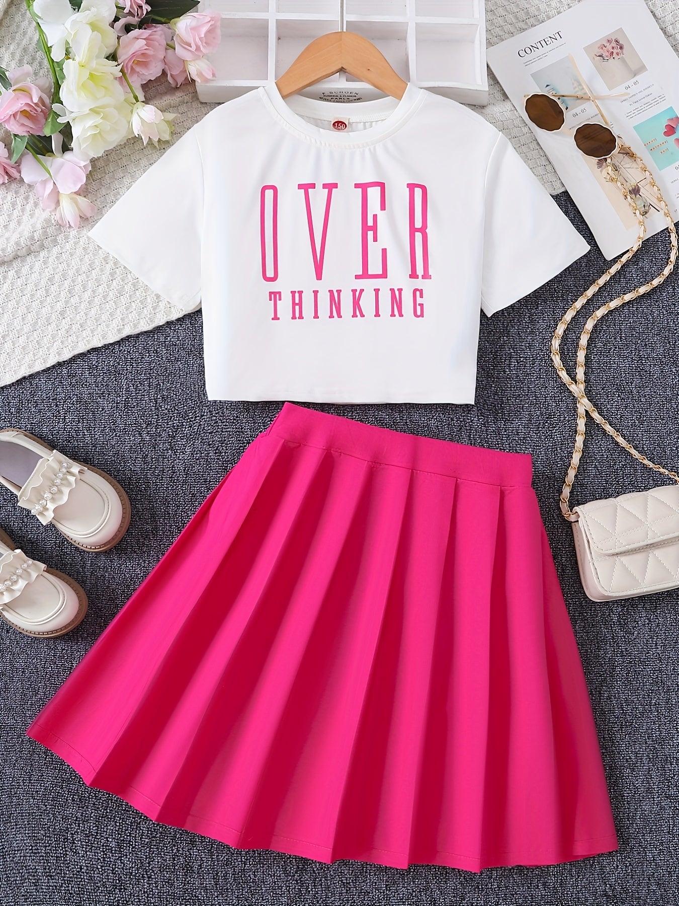 2pcs Girls Number Print T Shirt Crop Top & Skirt Set Kids Clothes