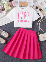 2pcs Girls Number Print T Shirt Crop Top & Skirt Set Kids Clothes