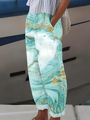 Marble Print Elastic Waist Pants Long Length