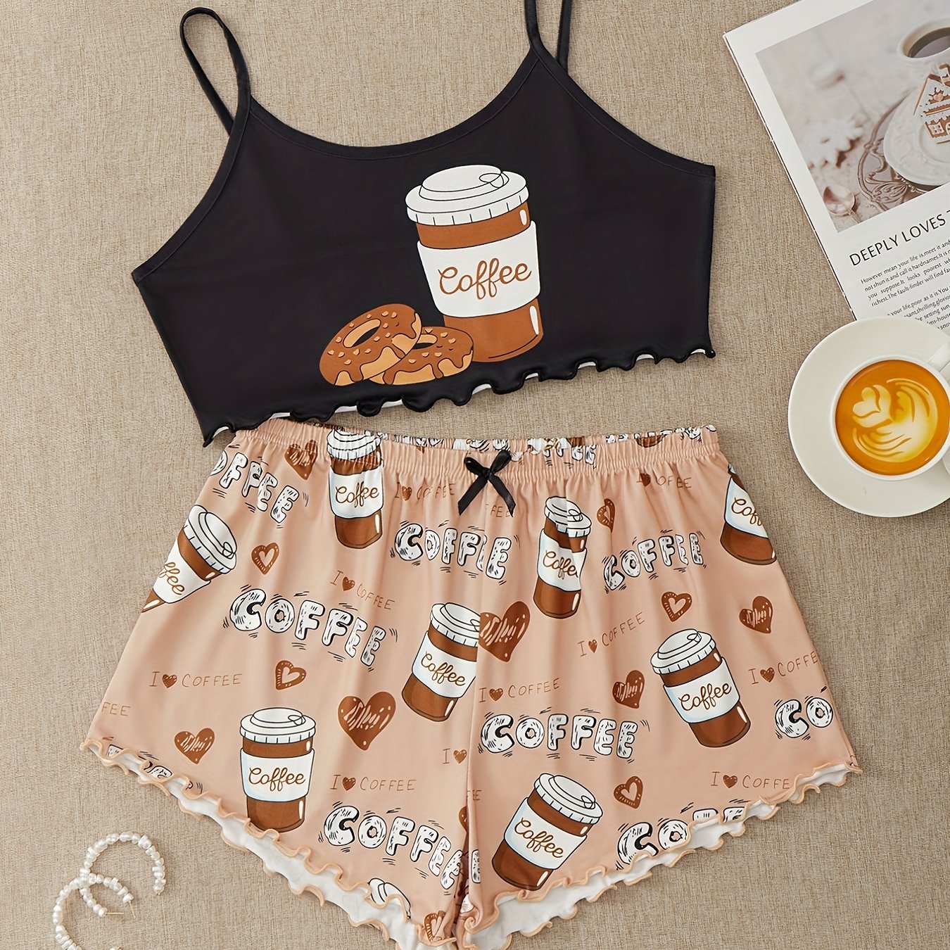 Summer Women's Donut Print Pajamas Set Suspenders Top & Cozy Shorts
