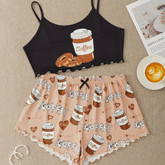 Summer Women's Donut Print Pajamas Set Suspenders Top & Cozy Shorts