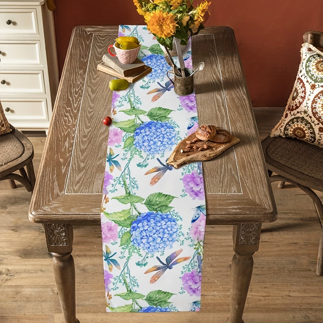 Long Spring & Purple Floral Hydrangea Watercolor Table Runner