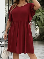 Butterfly Sleeve Casual Dress Round Neck Knee Length