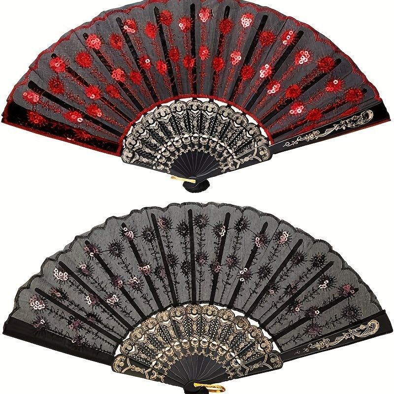 Sequin Fabric Folding Fan Embroidery Lace Fan Vintage Fan