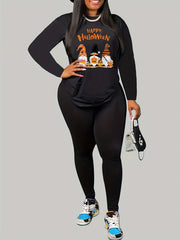 Women's Plus Letter & Pumpkin & Dwarf Print 2 Piece Set