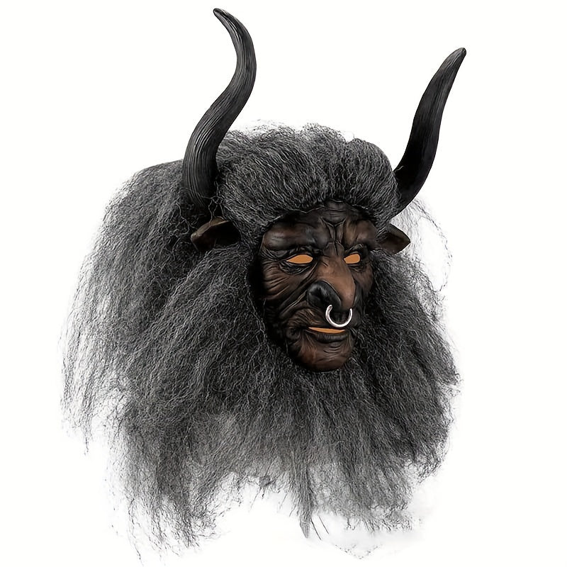 Goat Horned Long Hair Bull Demon Latex Mask Halloween Role Play
